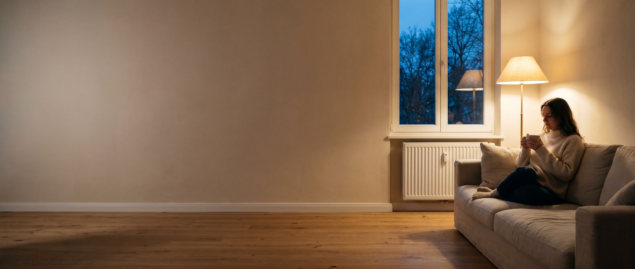 Abends im Wohnzimmer: Eine Frau sitzt mit einer Tasse Tee auf dem Sofa, unter dem Fenster ein Heizkörper
