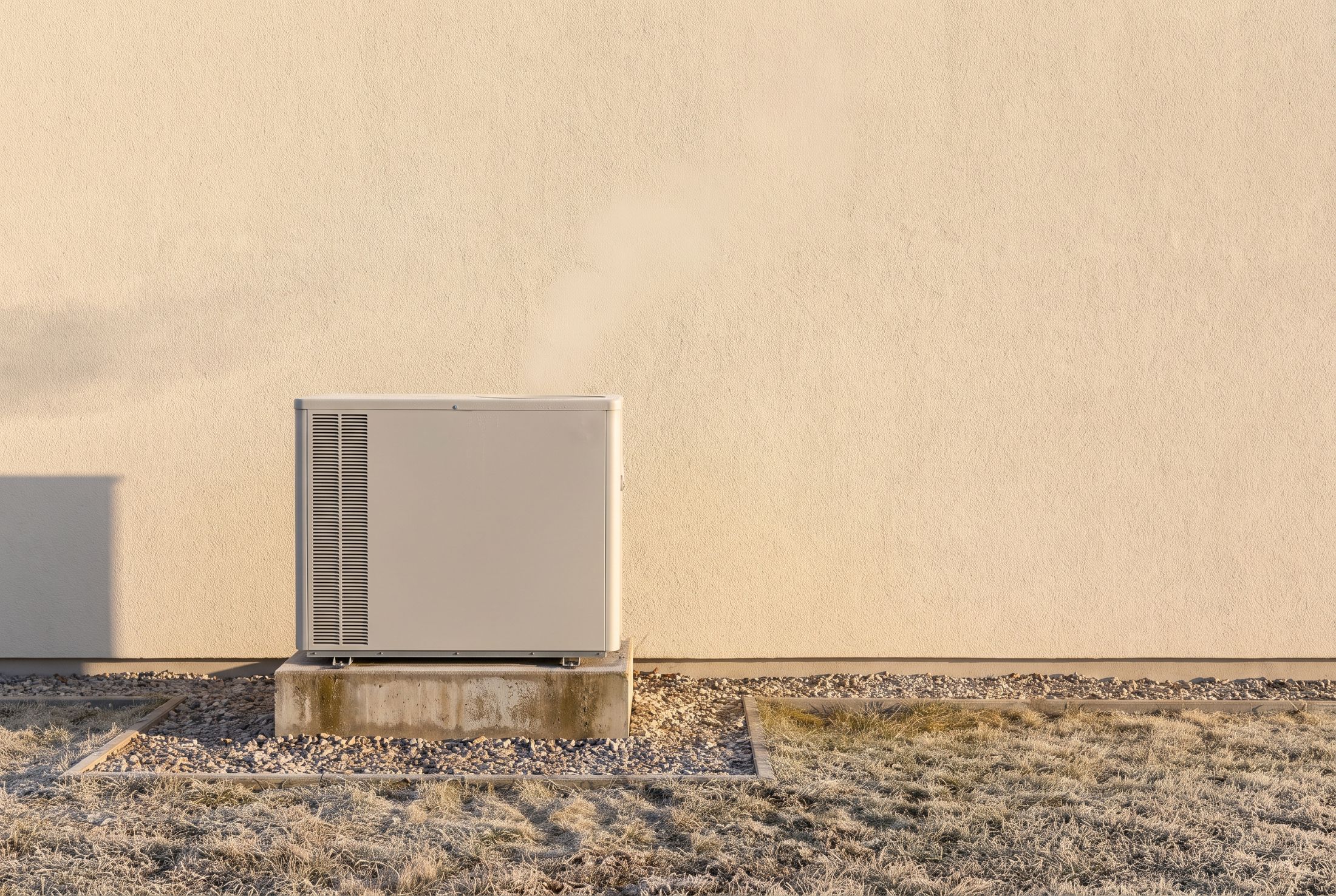 Außengerät einer Wärmepumpe vor heller Hauswand an einem frostigen Wintermorgen